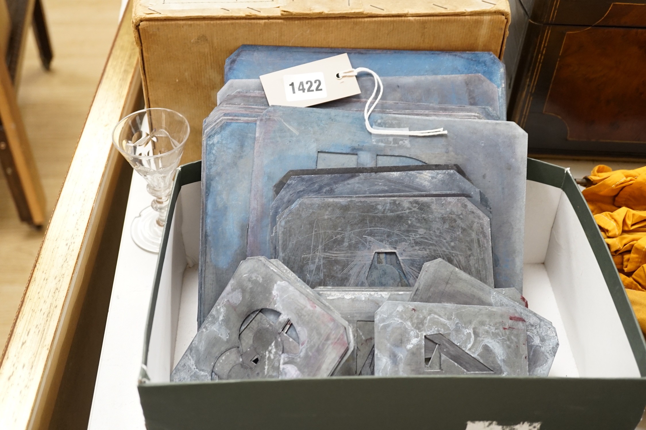 2 complete sets of zinc alphabetic stencils, one other set (C missing), and two part-sets of numerals